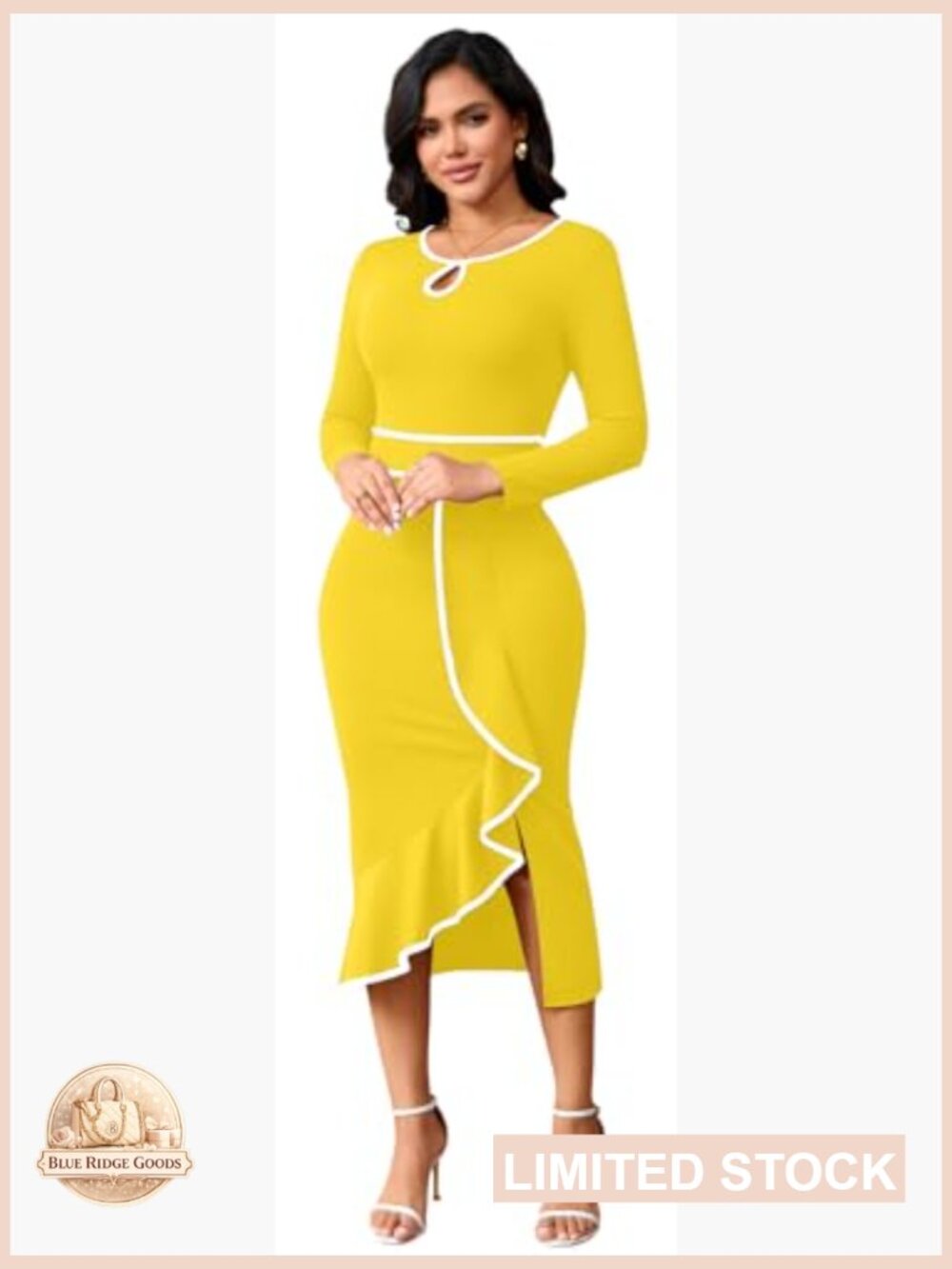 Long Sleeve Bodycon Midi Dress Ruffle Side Split Work Party Evening - Picture 3 of 5